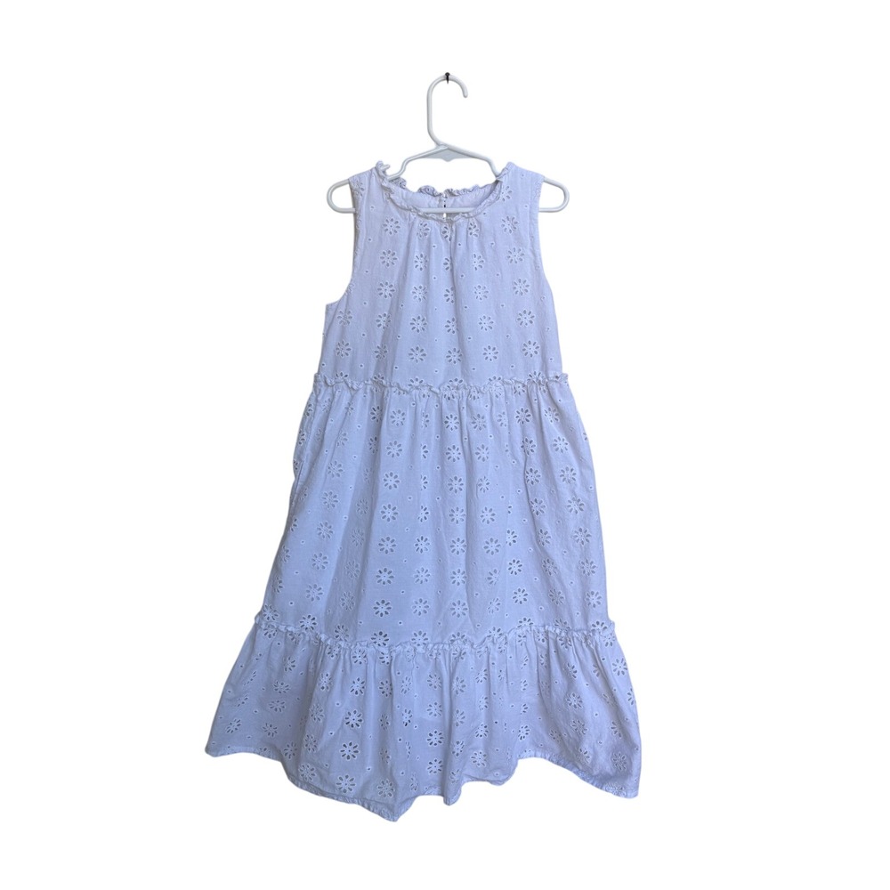Boden Kids White Cotton Floral Eyelet Tiered Ruffle Midi Dress Size 7-8Y 128cm
